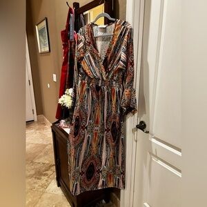 Lapogee Retro Print Dress 2X Polyester Spandex Long Maxi V neck Plus Size